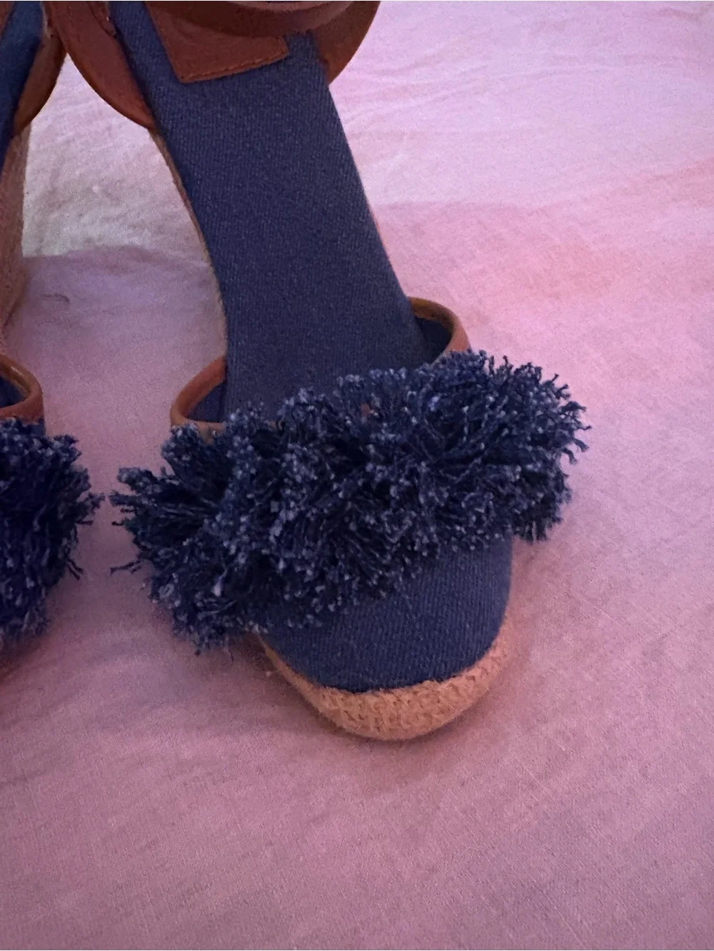 Tory Burch Navy Denim Espadrille Wedge Sandals with Pom Detail